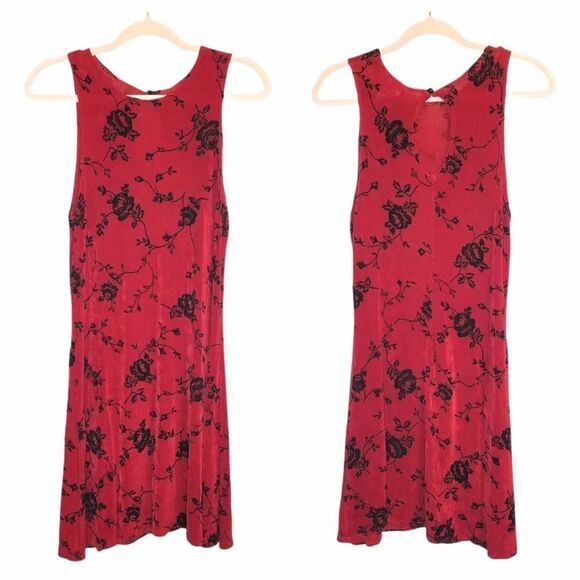 Vintage Red & Black Velvet Floral Shift Mini Dress - Picture 1 of 6
